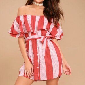 Faithfull The Brand Amalfi Rust Striped Mini Dress Off The Shoulder Ruffle Sz 4
